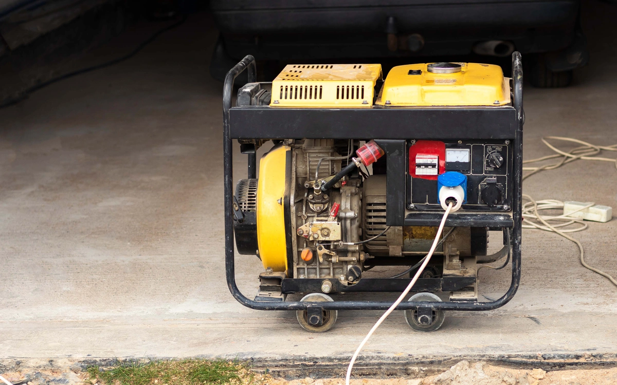 A generator is sitting in a garage next to a car.