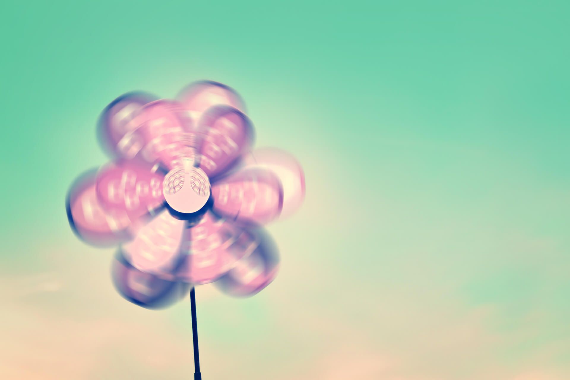 A plastic pink flower spins in the wind.
