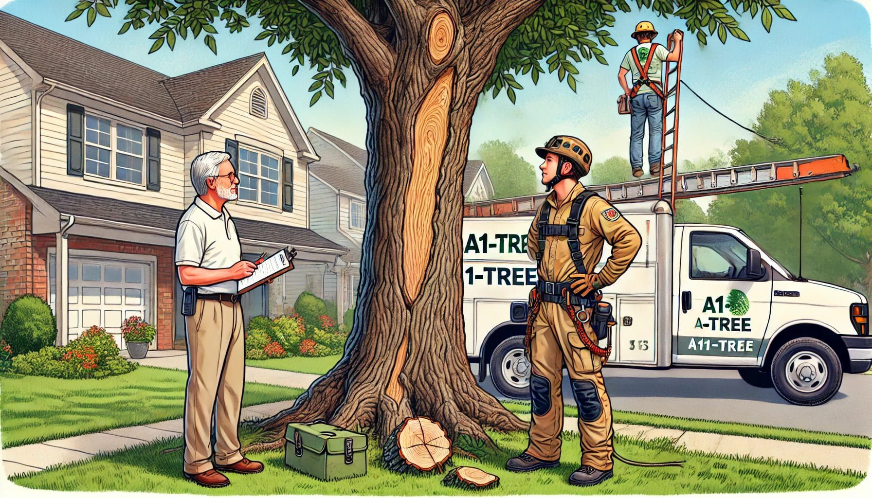 A man is talking to a tree surgeon in front of a tree surgeon truck.