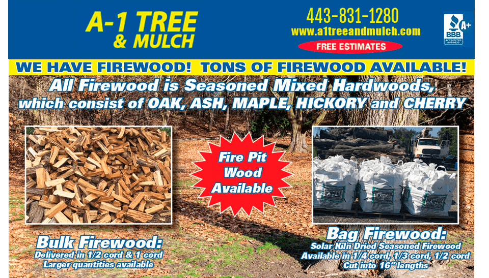 an advertisement for a 1 tree and mulch says that they have tons of firewood available