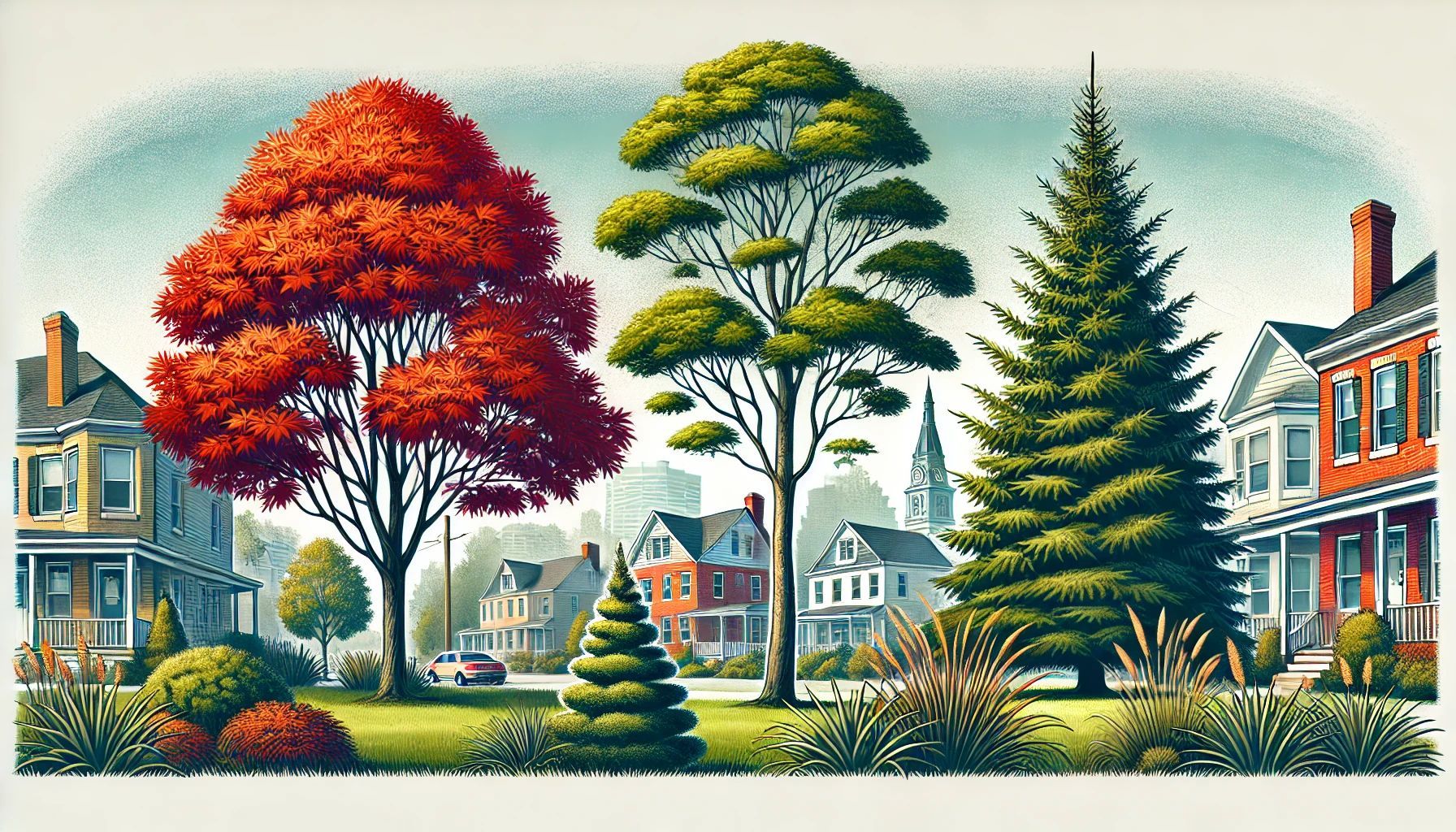 A painting of a residential neighborhood with trees and houses