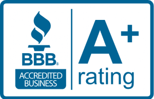 bbb accredited business a+ rating logo on a white background
