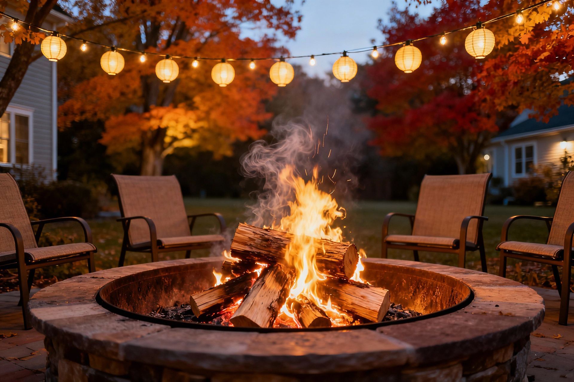 Softwood firewood burning in a backyard fire pit in Maryland.