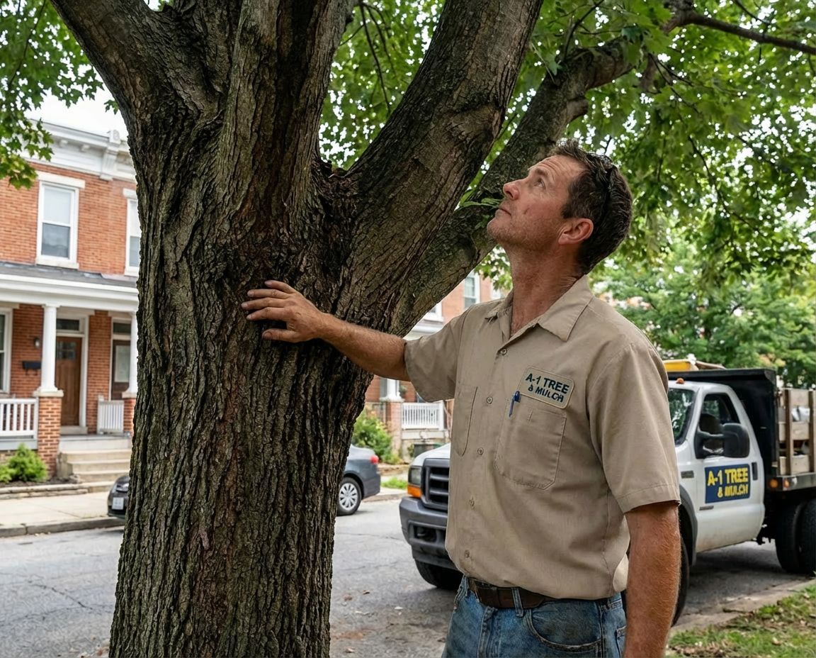Arborist inspecting tree health in Baltimore