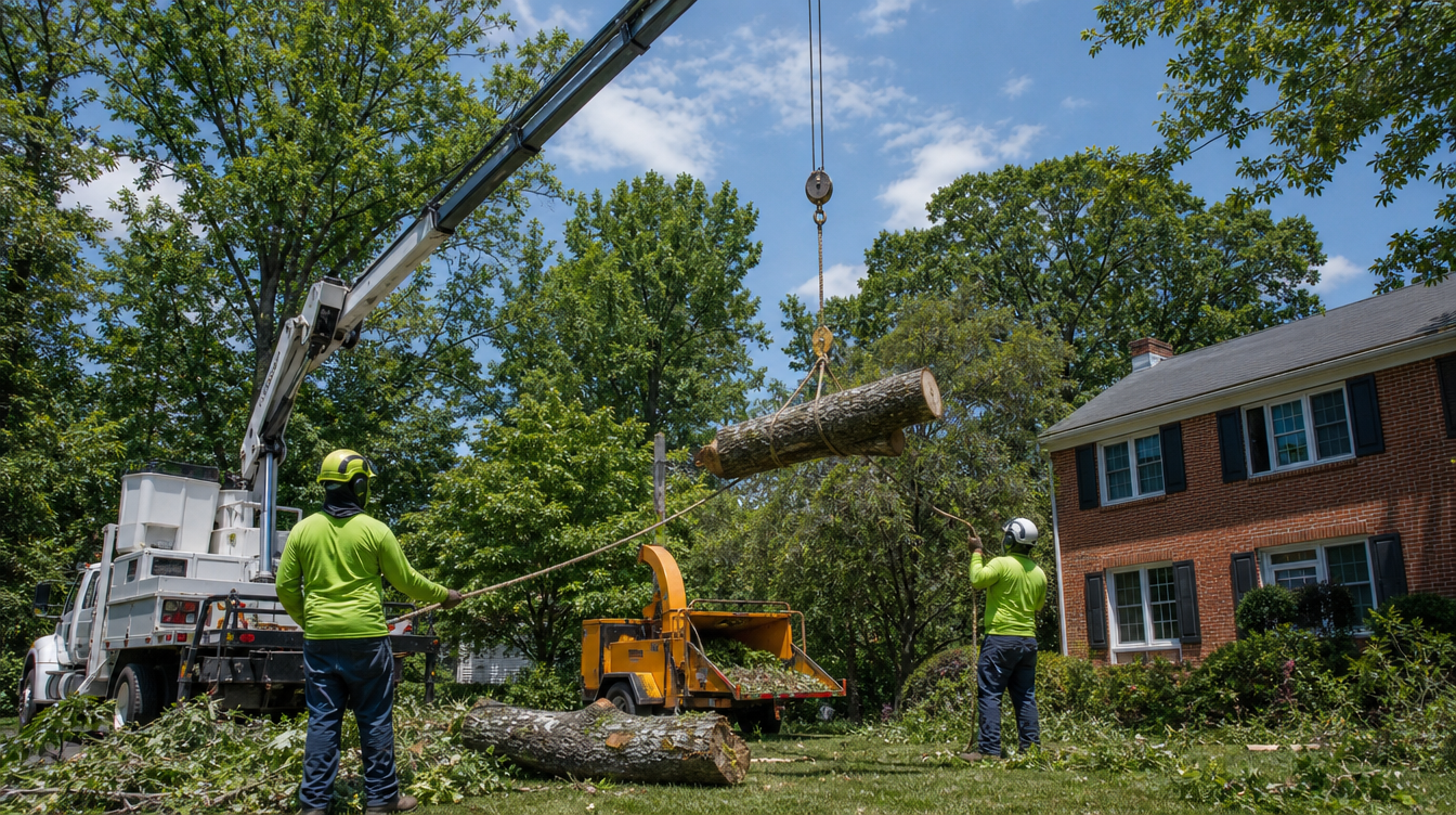 Professional tree-removal crew sectioning a large oak with a crane in a suburban Hunt Valley, MD yard