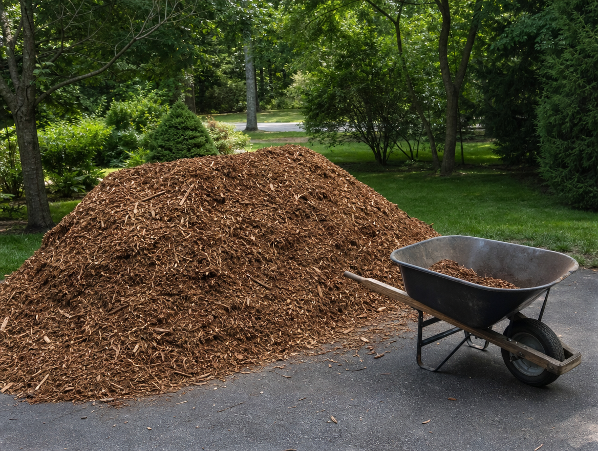 Fresh pile of double-shredded hardwood mulch on a residential driveway in suburban Maryland