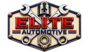 Elite Automotive logo with red lettering, silver tools, and gear emblem on a metallic badge