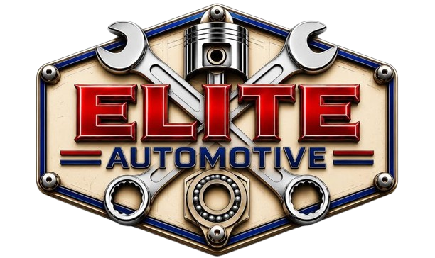 Elite Automotive logo with red lettering, silver tools, and gear emblem on a metallic badge