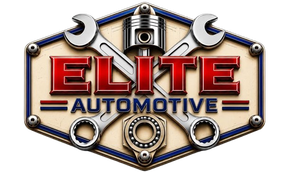 Elite Automotive logo with red lettering, silver tools, and gear emblem on a metallic badge