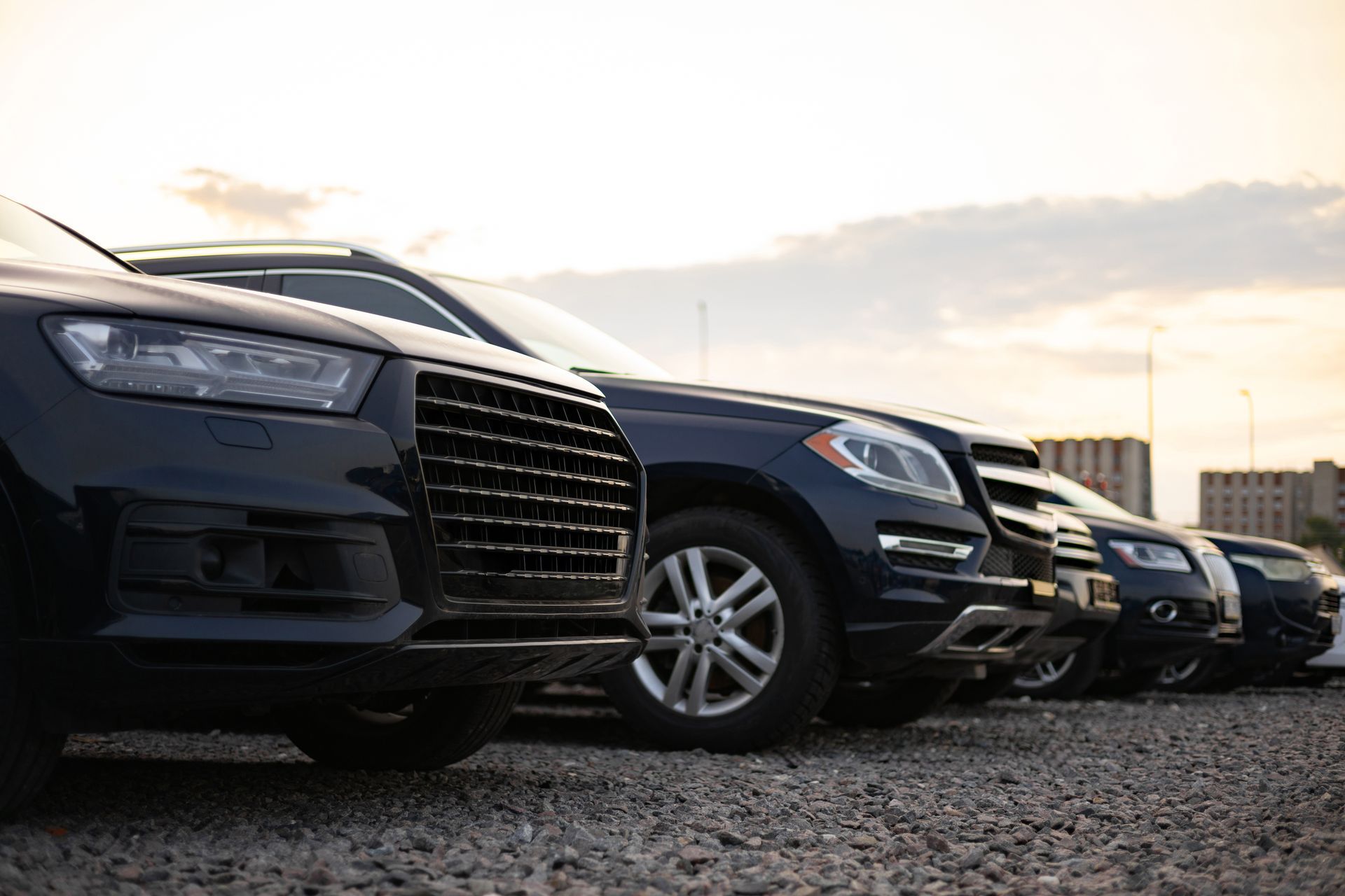 Row of dark SUVs parked on gravel at sunset