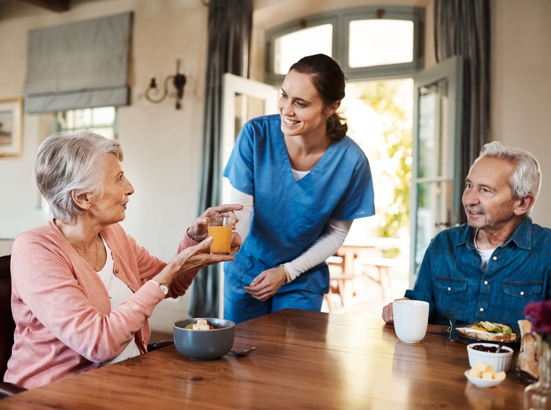 Caregiver taking care of senior couple.