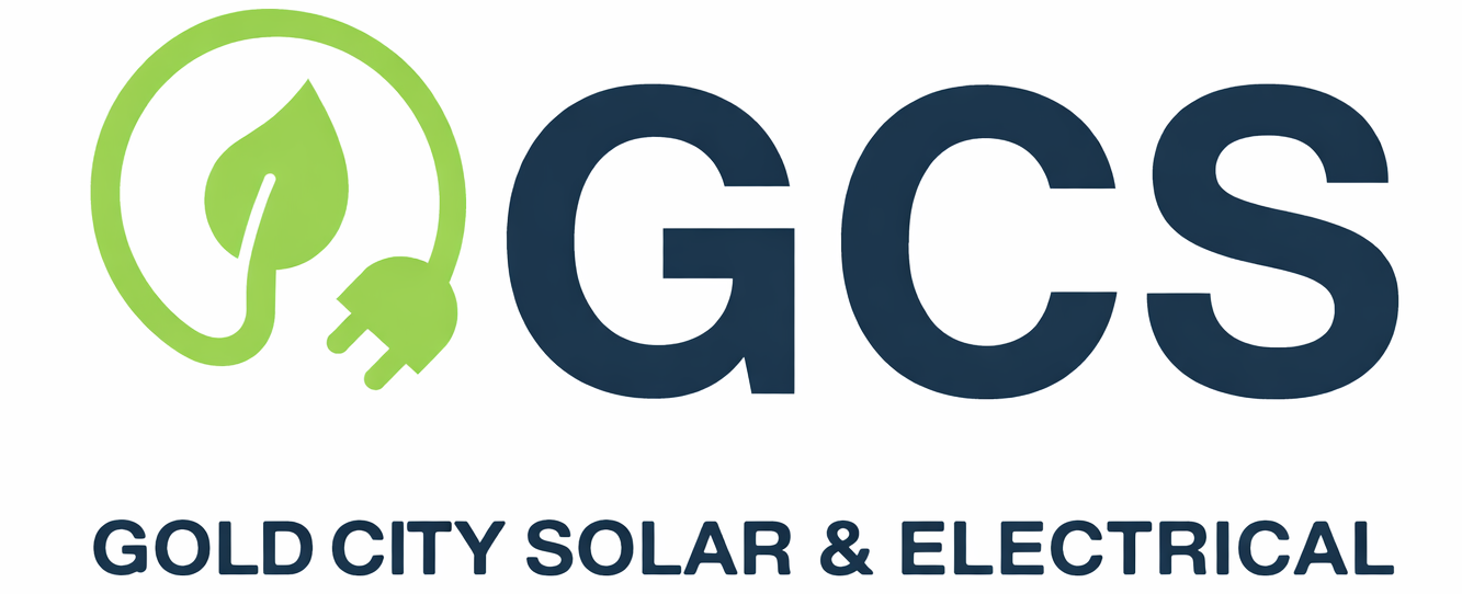 Solar Installers & Electricians in Gympie Logo: GCS letters in dark teal, leaf and plug icon,