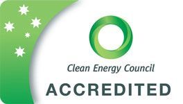 Clean Energy Council Accredited logo: Australian flag design and green circular graphic. Text reads