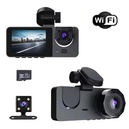 Kit de cámara para coche con cámara frontal, cámara trasera y tarjeta SD. Incluye WiFi y pantalla.