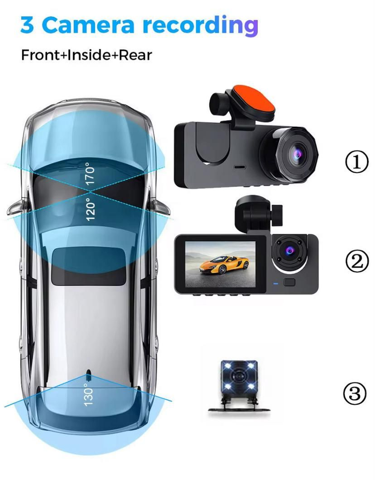 Diagrama de un coche con 3 vistas de cámara de salpicadero: frontal, interior y trasera,