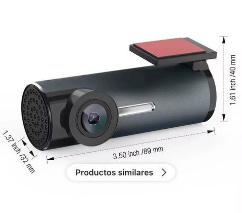 Cámara de salpicadero con dimensiones indicadas en pulgadas y milímetros; etiqueta del producto en la parte inferior.