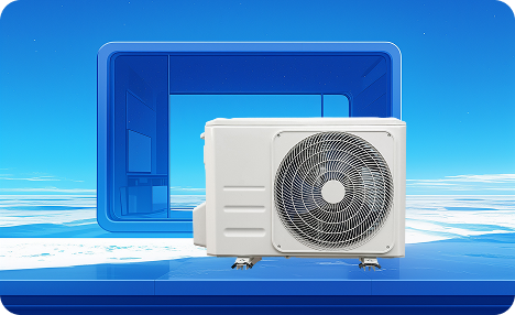 White air conditioning unit, blue background, abstract cube.