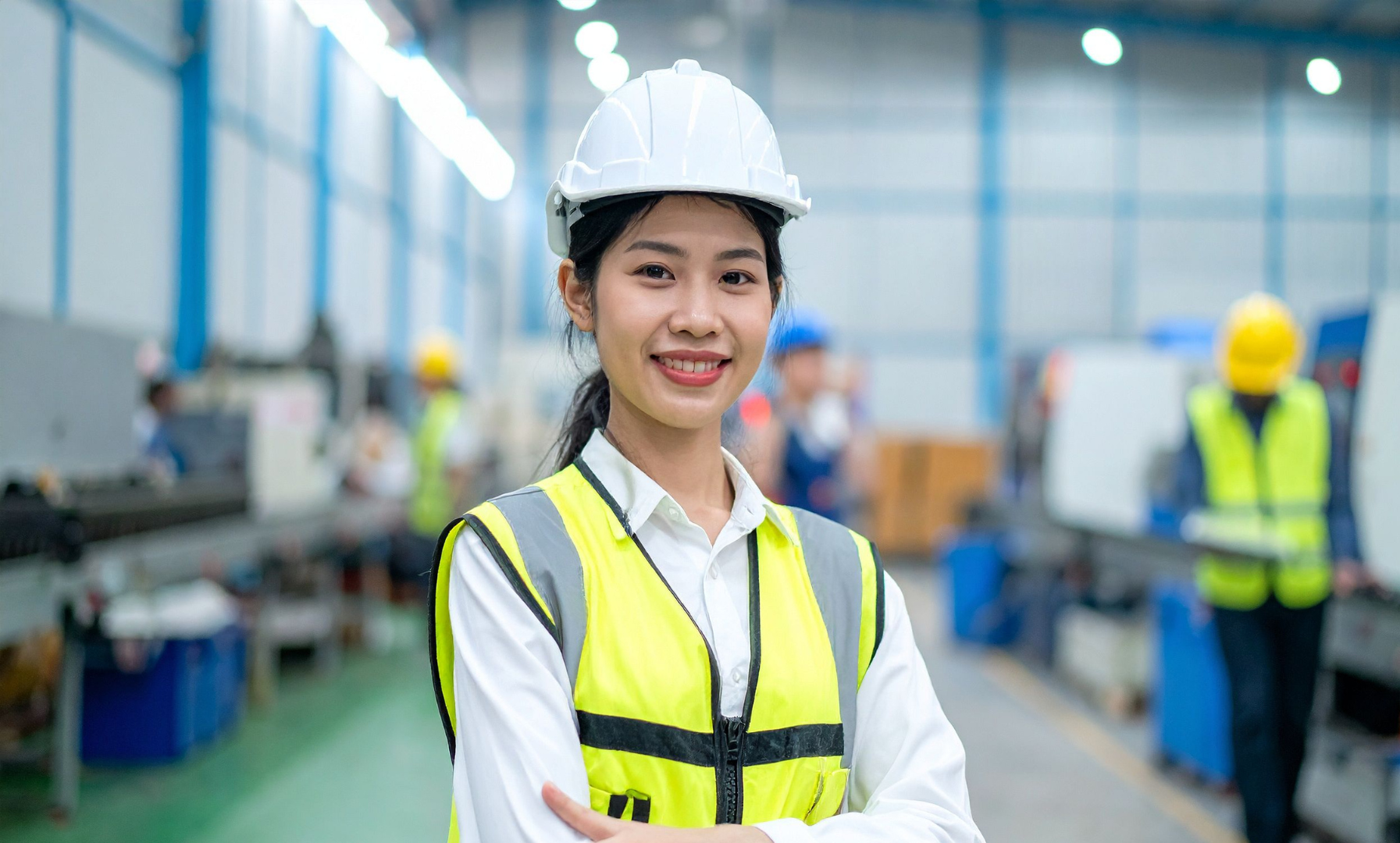 Woman in safety gear smiles in a factory setting.
