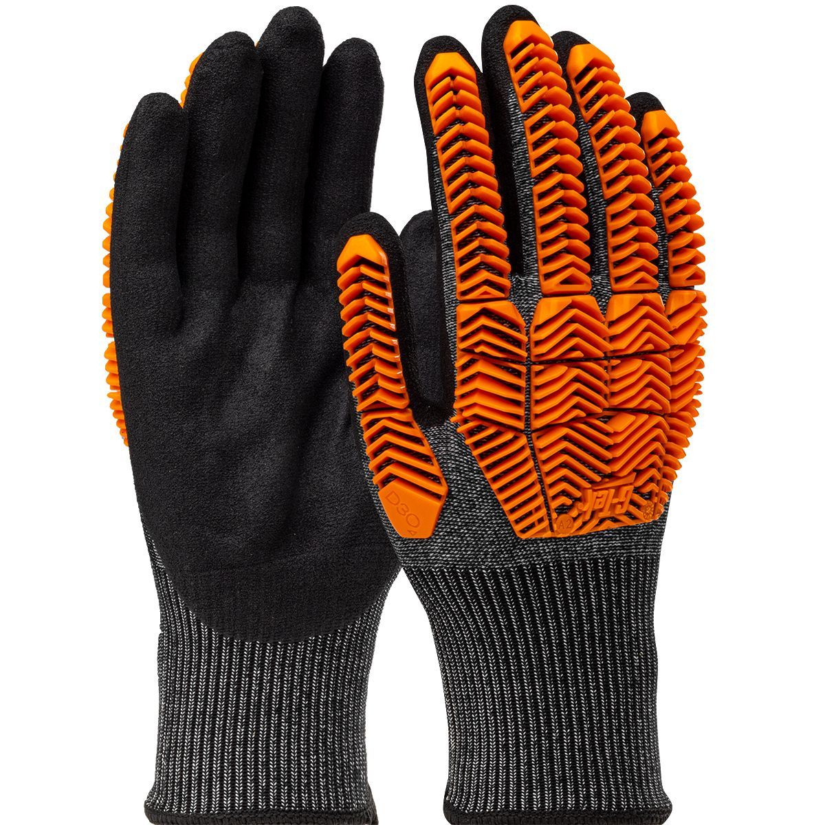 Black and orange work gloves with textured grip, displayed on a white background.
