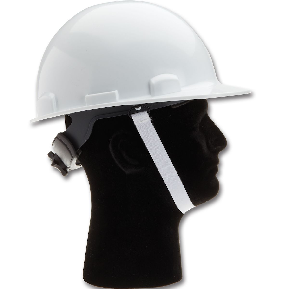 White hard hat on a black mannequin head, chin strap visible.