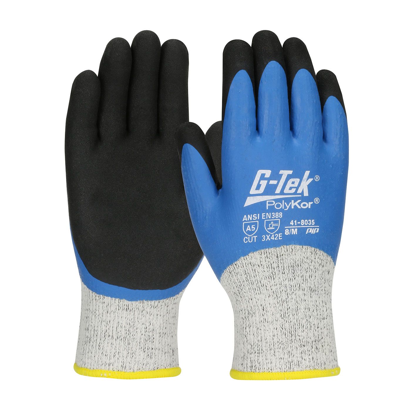 Pair of black and blue work gloves with gray speckled cuffs, yellow trim, and the