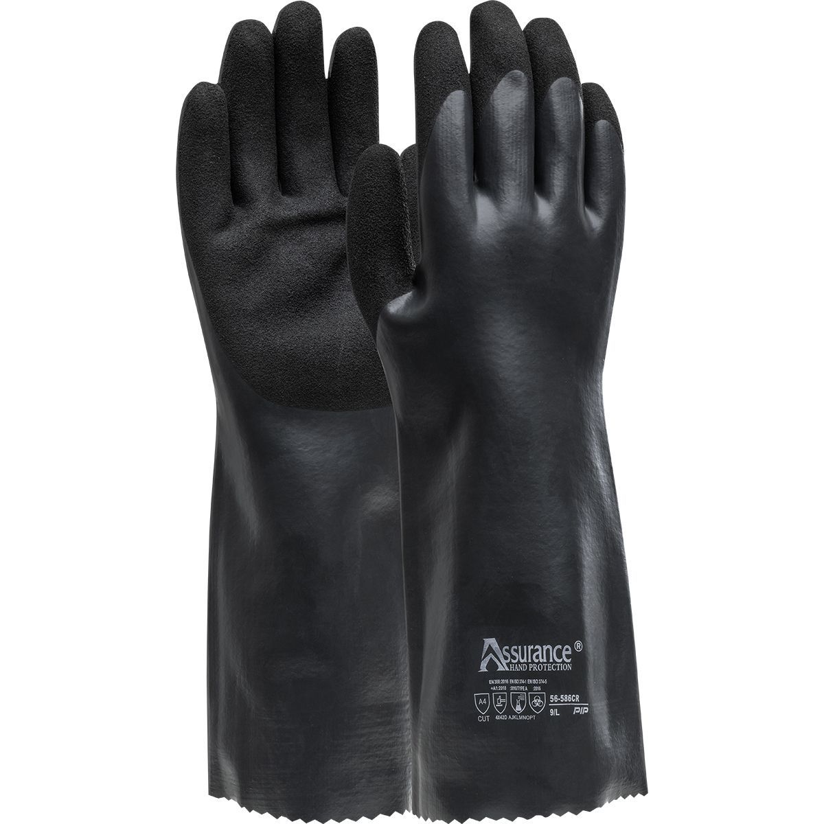 Black industrial work gloves, textured grip on palms and fingers, long cuffs.