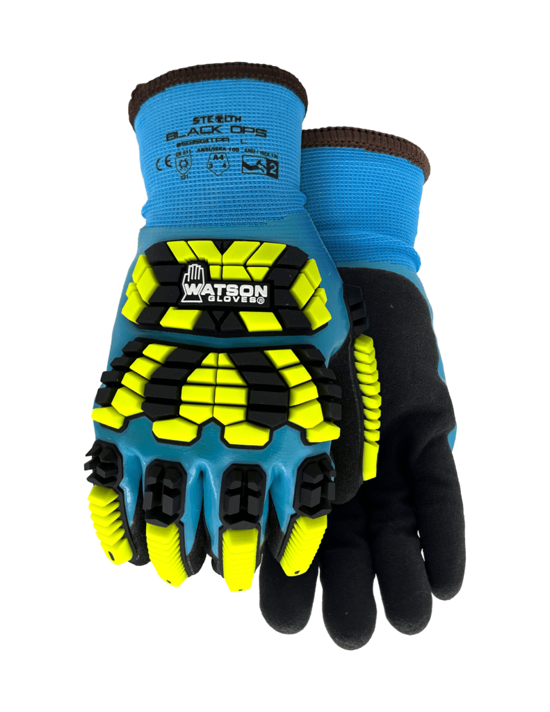 Blue and black work gloves with yellow impact protection pads.