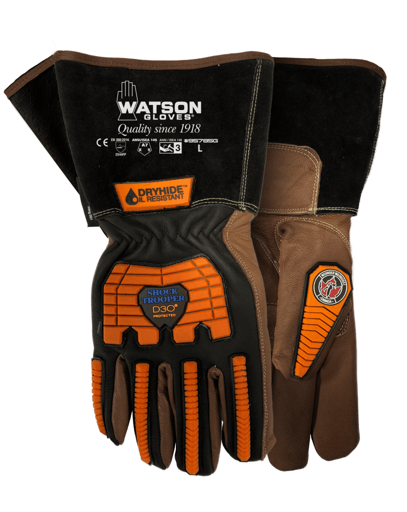 Work gloves with orange and brown accents, Watson brand.