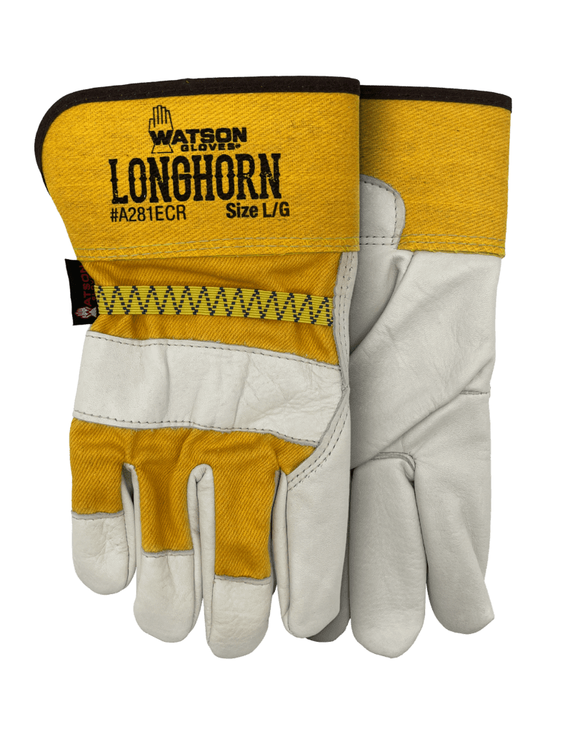 Yellow and white leather work gloves with