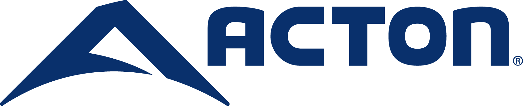 Logo for ACTON, with a blue upward-pointing triangle on the left and the word 