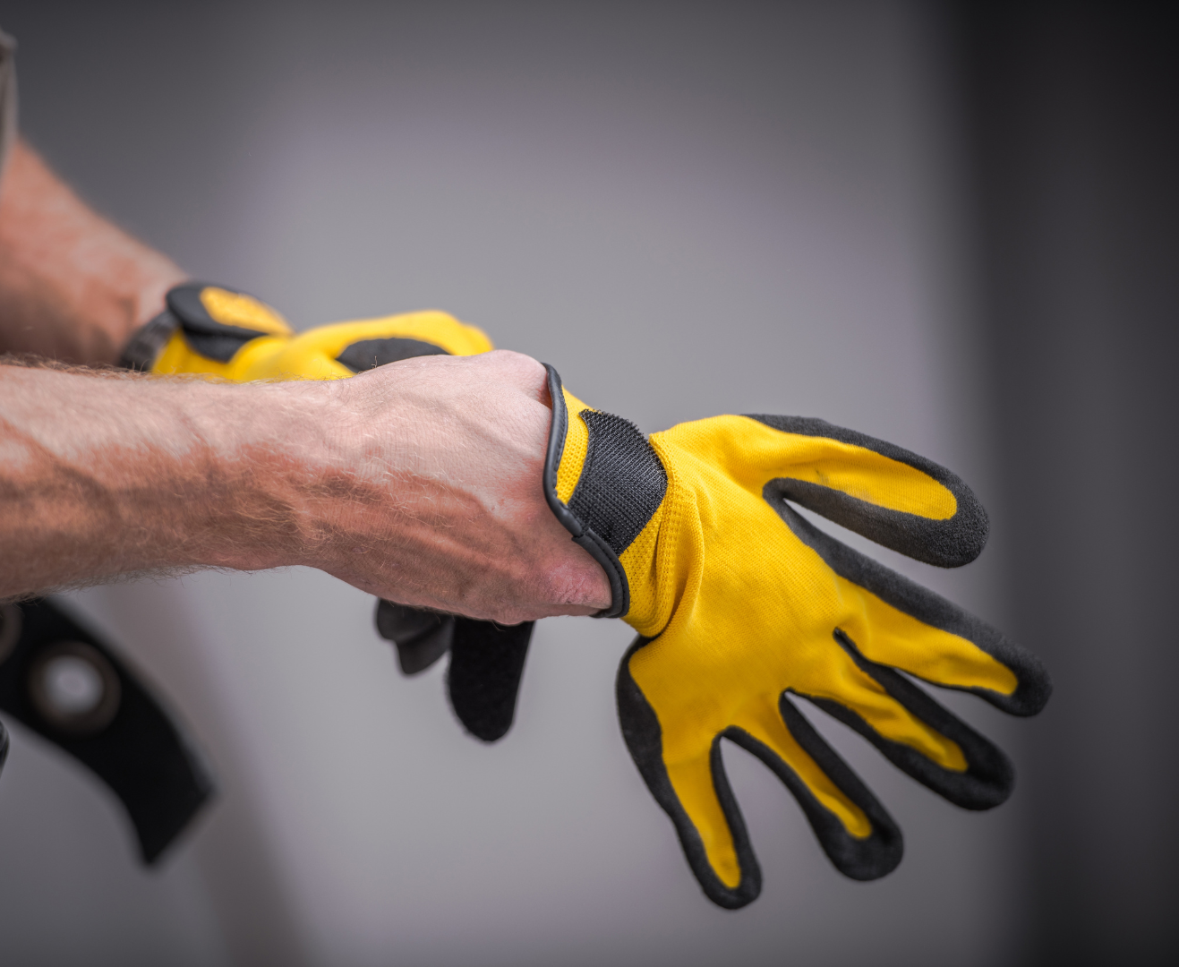 Person putting on yellow and black work gloves.