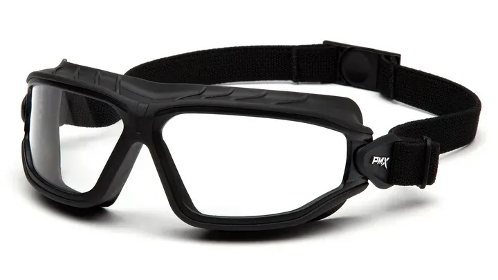 Black safety goggles with clear lenses and adjustable strap.