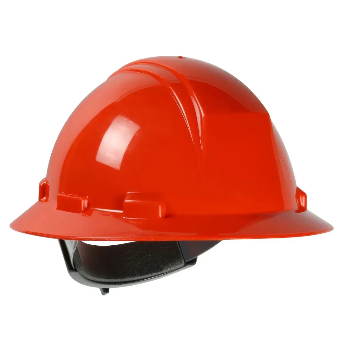 Red construction hard hat with a brim.