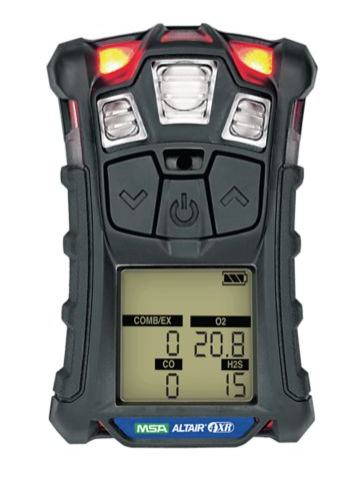 MSA Altair 5X gas detector with display of gas levels. Black with red lights.