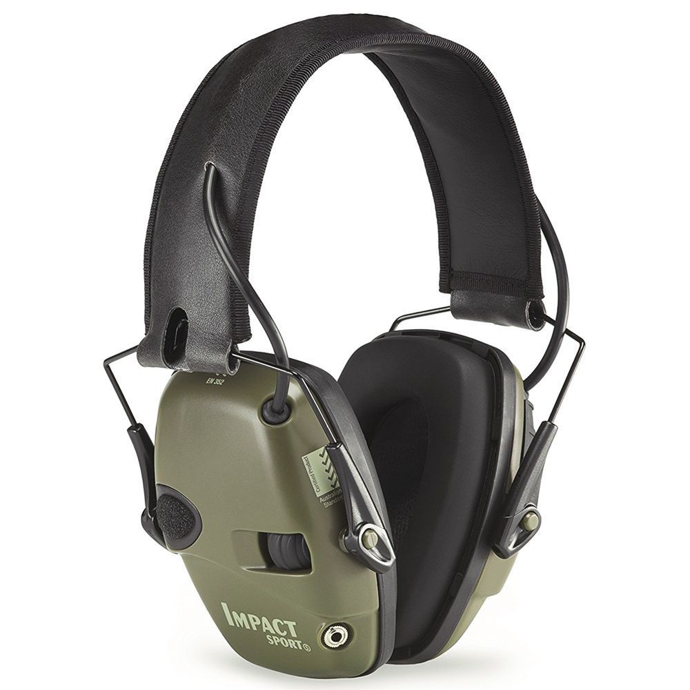 Olive green electronic ear muffs with a black headband, used for hearing protection.