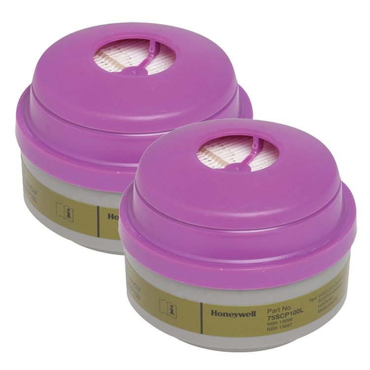 Two purple and gray Honeywell respirator cartridges.
