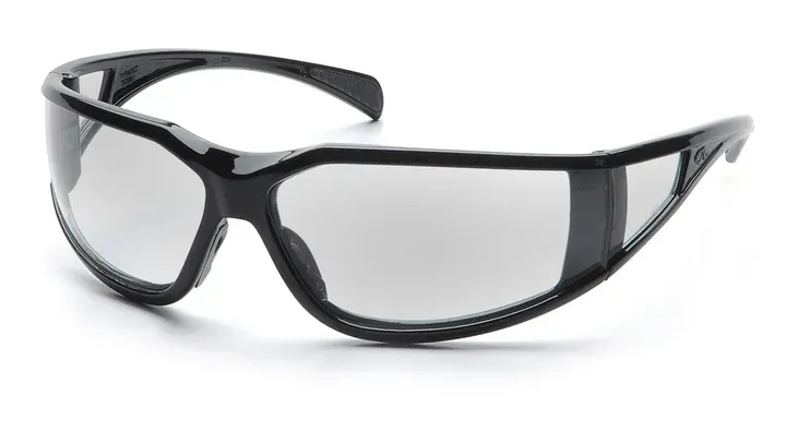 Black safety glasses with clear lenses.
