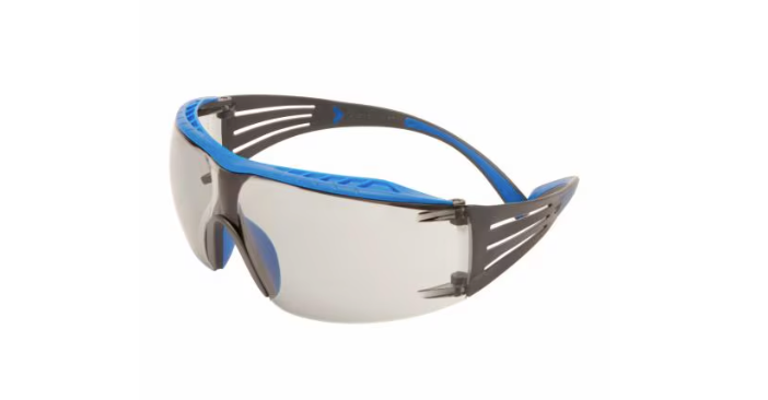 Blue and black safety glasses with clear lenses.