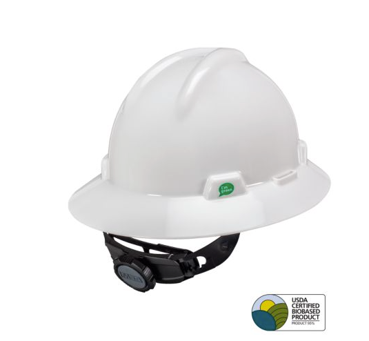 White hard hat with black chin strap; USDA certified biobased product logo.