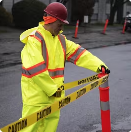 Construction worker in yellow rain gear, red hard hat, placing caution tape around a traffic barrier.