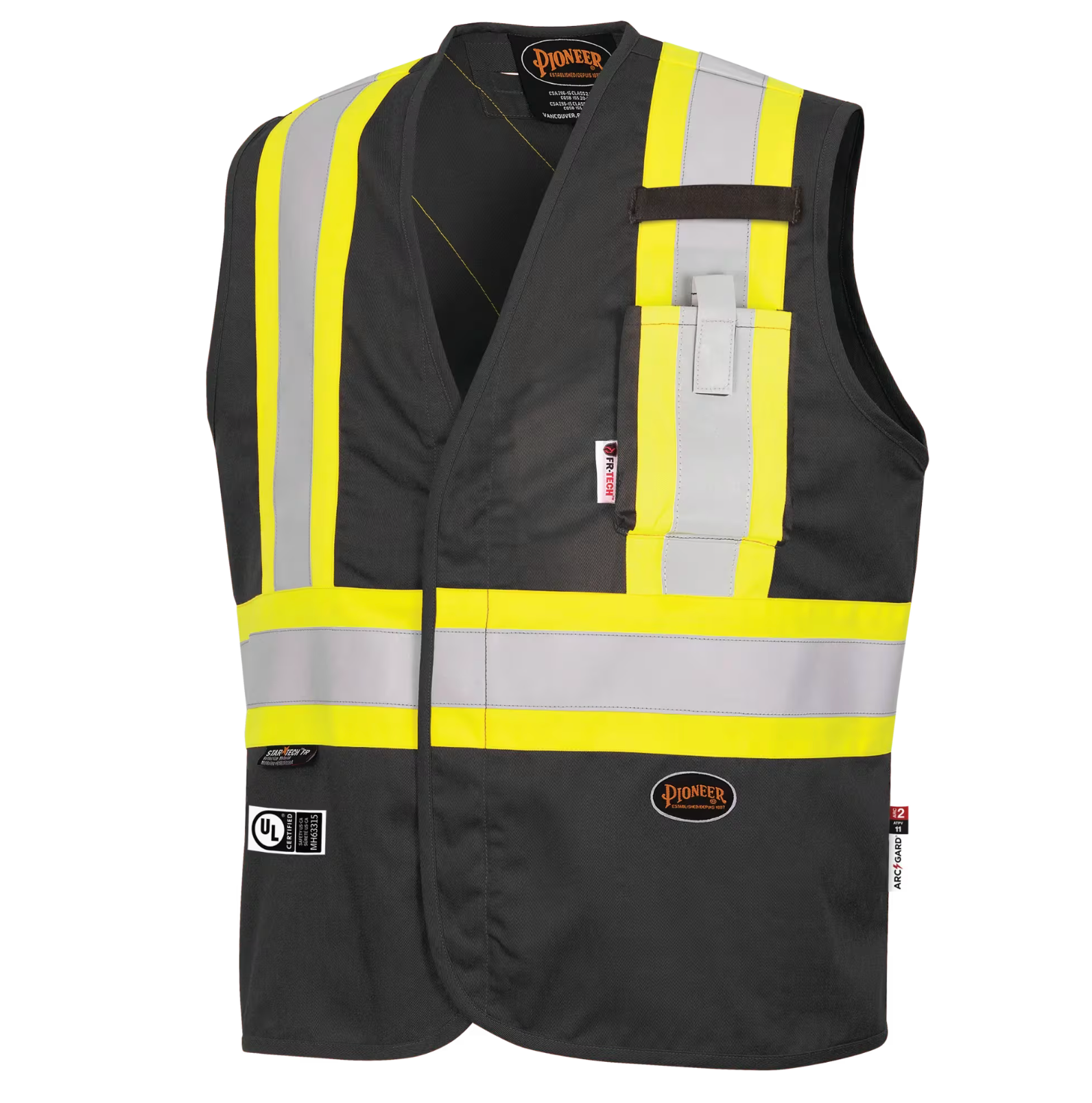 Black safety vest with yellow and silver reflective stripes, pocket.