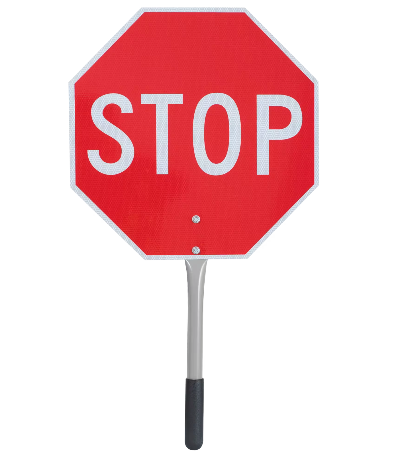 Red octagon stop sign with white text, held by a gray handle.
