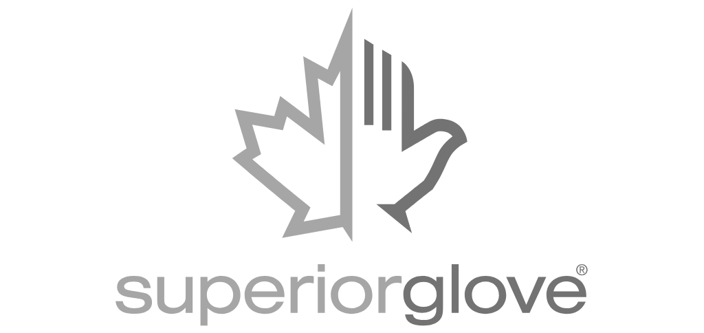 Logo of Superior Glove, with a maple leaf on the left and a hand/dove design on the right.