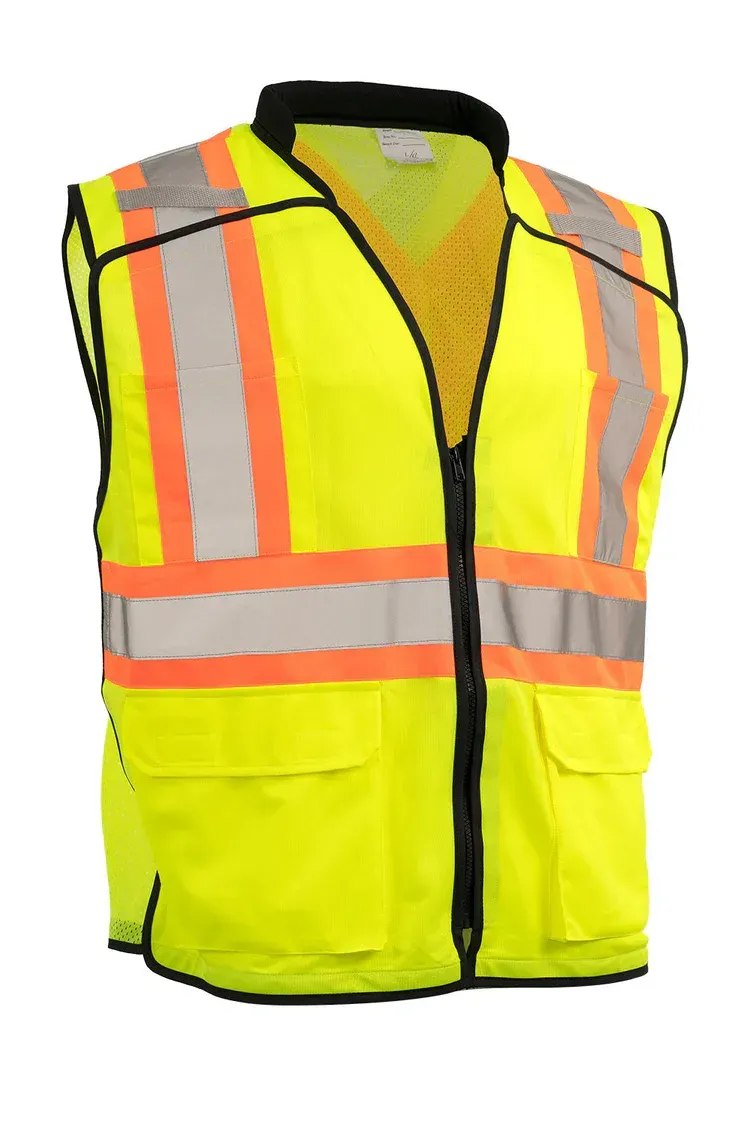 Yellow safety vest with orange and silver reflective stripes and black zipper.