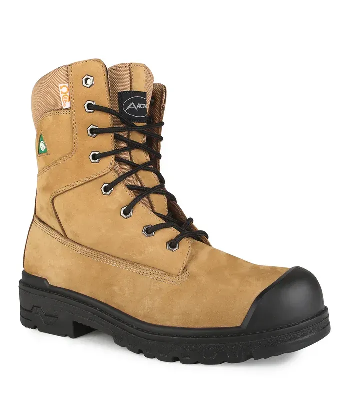 Tan work boot with black sole, laces, and protective toe cap.