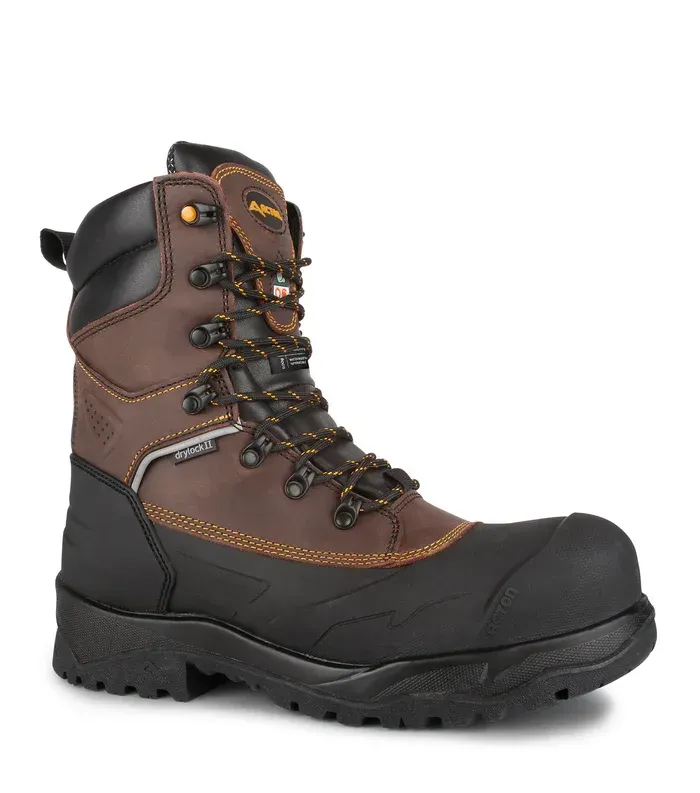 Brown and black work boot with lace-up front, steel toe, and waterproof design.