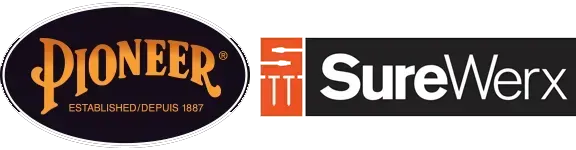 Logos of Pioneer and SureWerx side-by-side, with text in black and white, orange background.