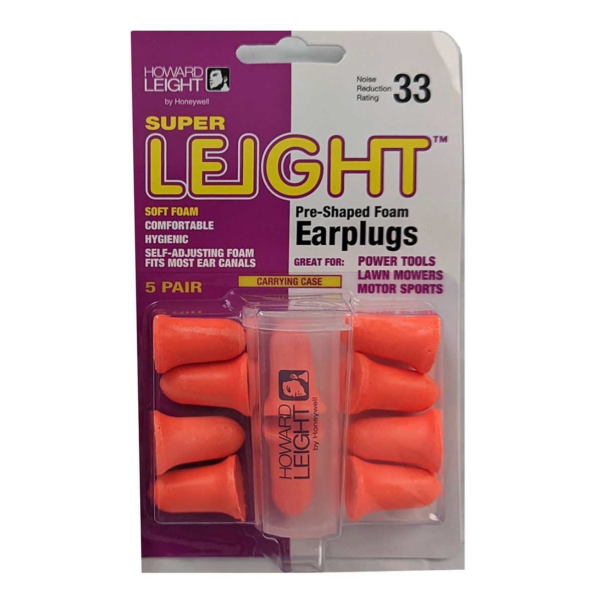 Orange Howard Leight Super Leight earplugs in a 5-pair package, labeled with a noise reduction rating of 33.