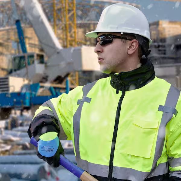 Person wearing green hard hat, facing bright sunlight breaking through dark clouds.