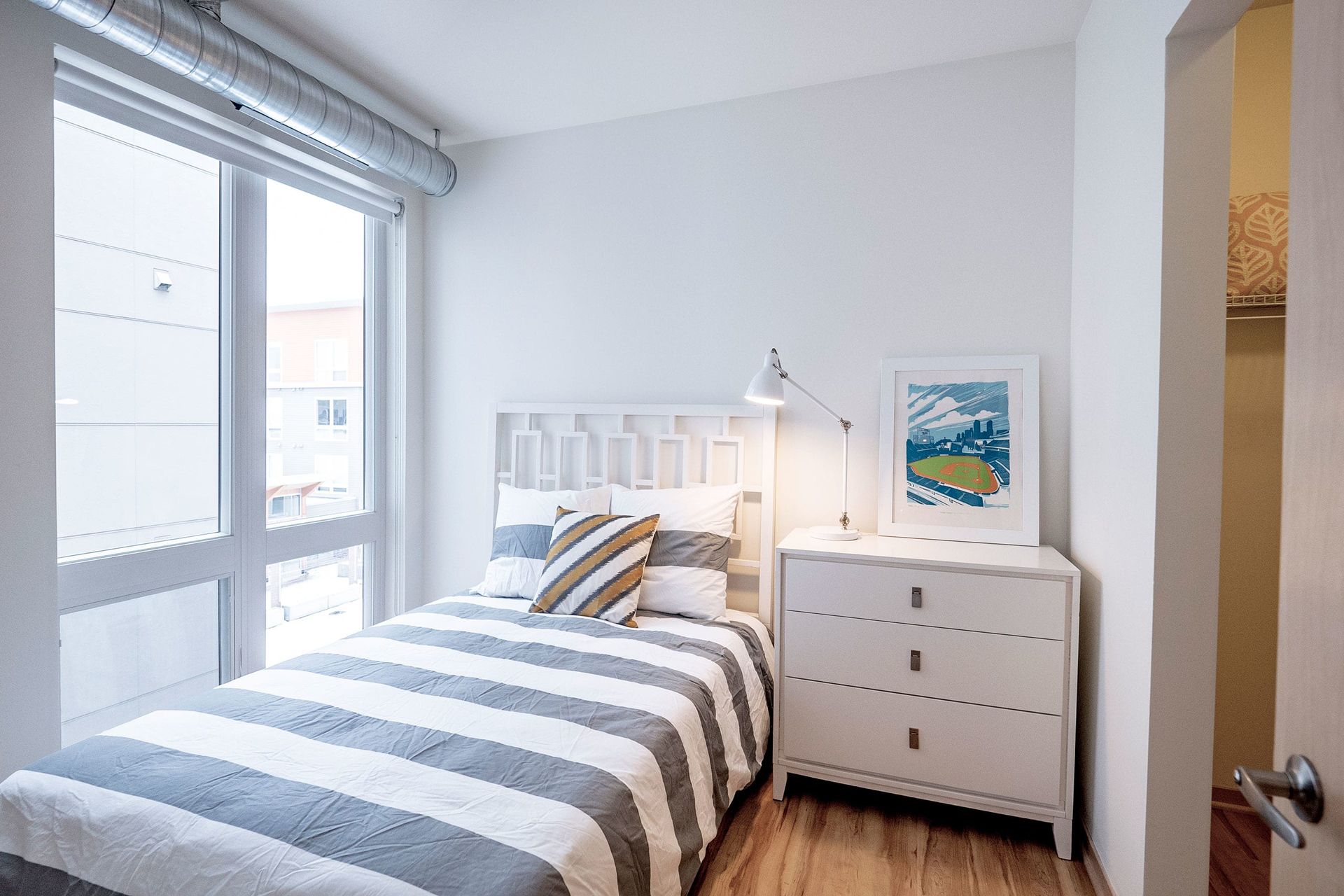 Bedroom at 7west in Minneapolis, MN.